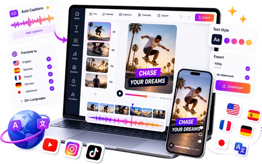 Edit and translate YouTube Shorts with AI captions and watermark-free 1080p export