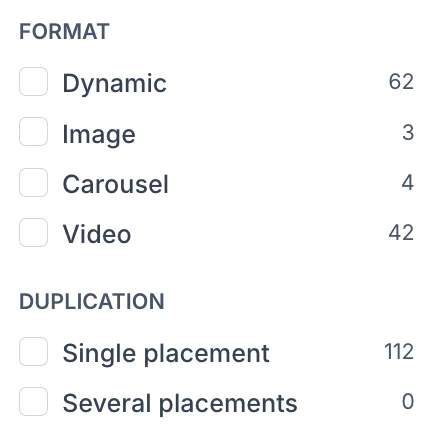 Filtrez les annonces d'un concurrent par format et par emplacement (unique ou multiple).