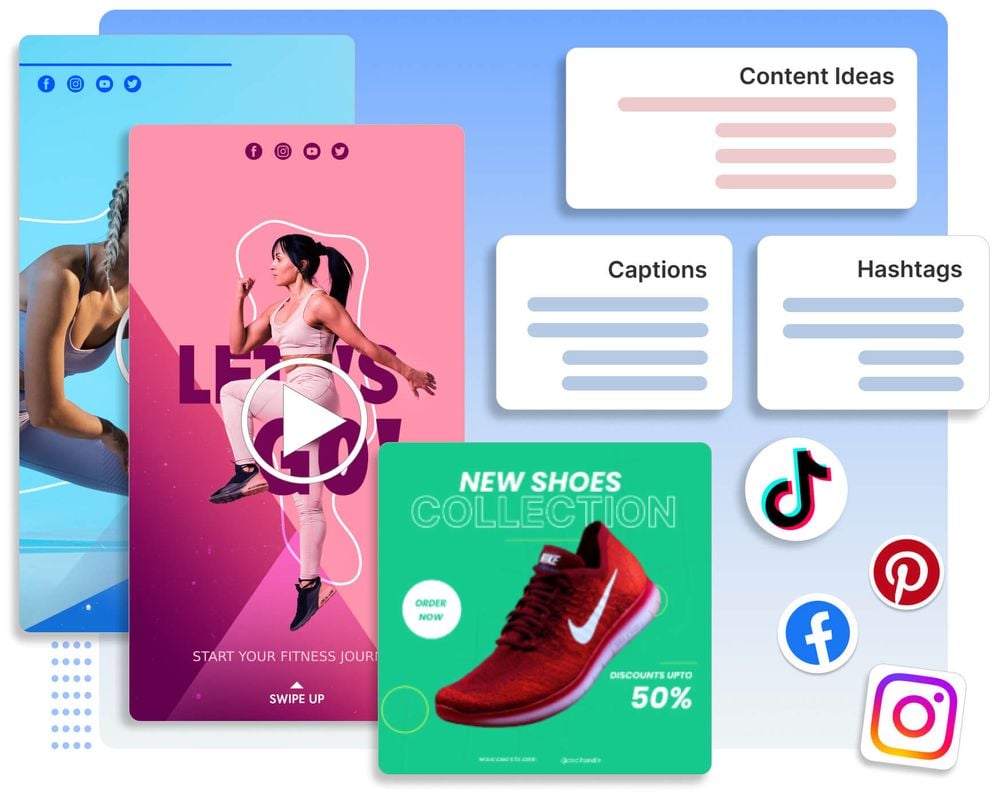 Ads, video posts, captions, and hashtags made for a client in Predis.ai