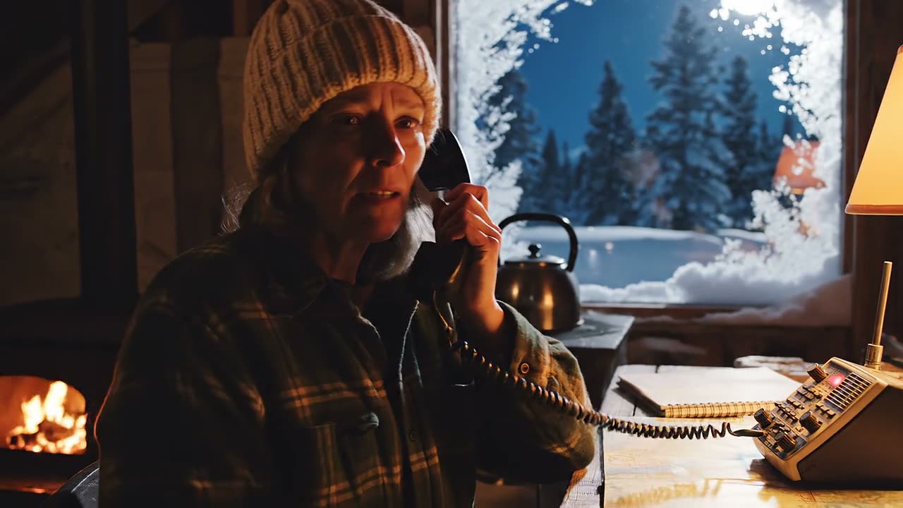 A finished Veo 3.1 video: a ranger radioing base from a snowed-in mountain hut