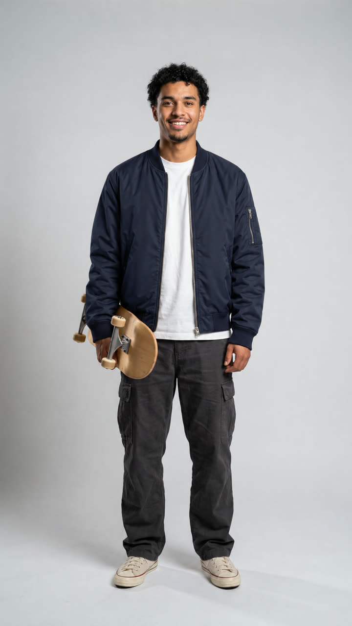 The same shot with the jacket changed to navy