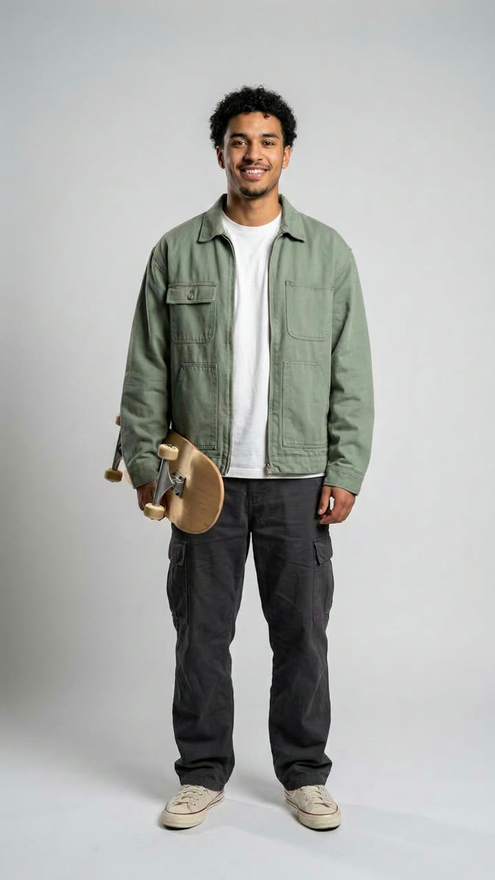 A skater in a green jacket, before the edit