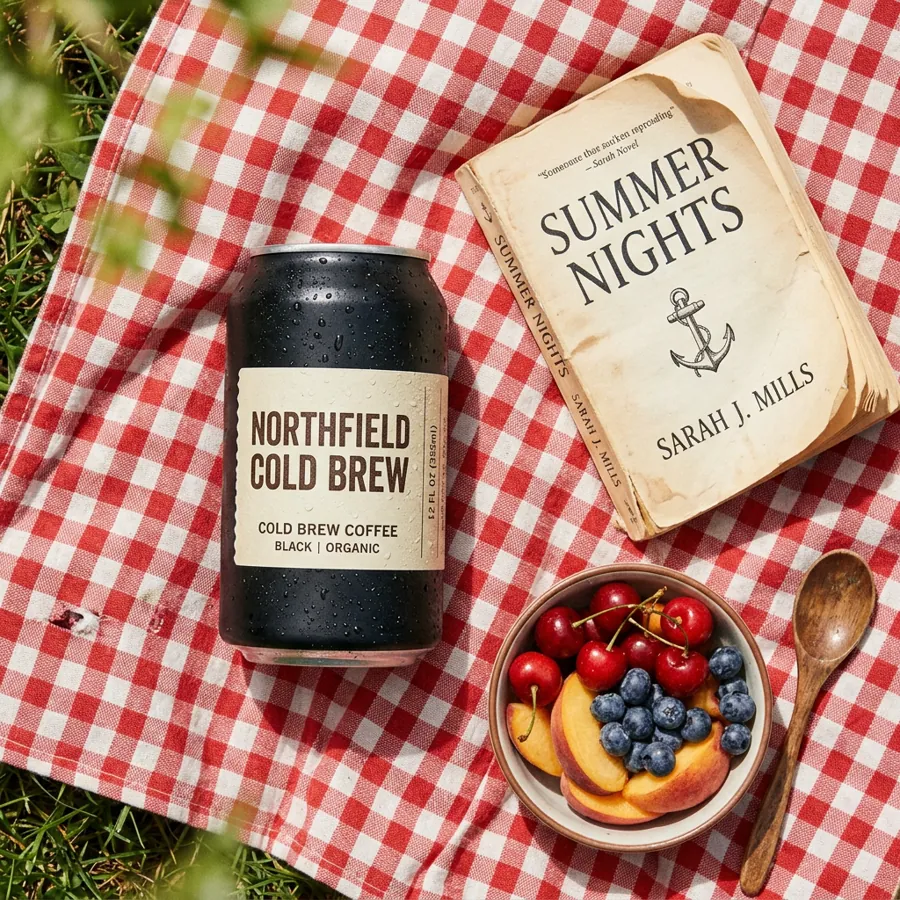 Cold brew can on a picnic blanket from above, with fruit and a paperback, 1:1