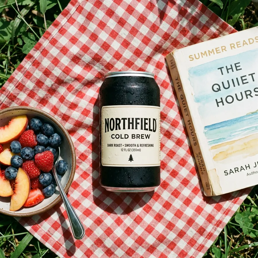 Cold brew can beside a bowl of fruit and a summer novel, 1:1