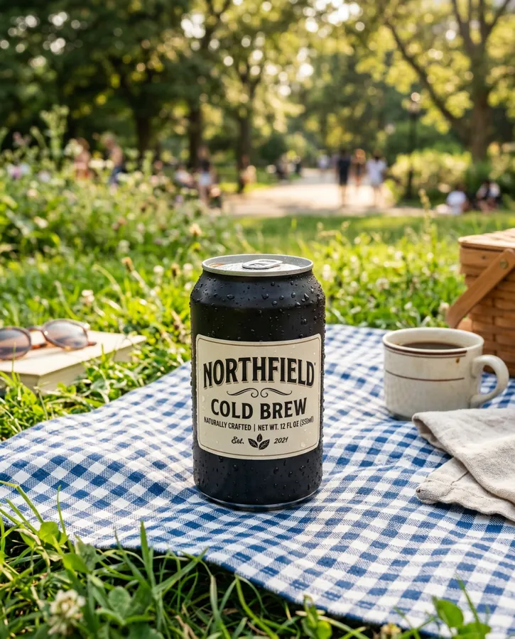 Cold brew can on a blue gingham blanket with a coffee cup, 4:5