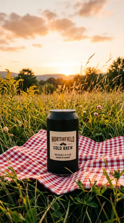 Cold brew can on a picnic blanket at golden hour, 9:16