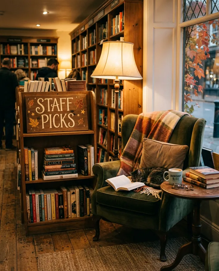 A cozy bookstore corner with a reading chair, warm lamp light and stacked books, a sign on the shelf reading "Staff picks", for a bookshop's autumn post.