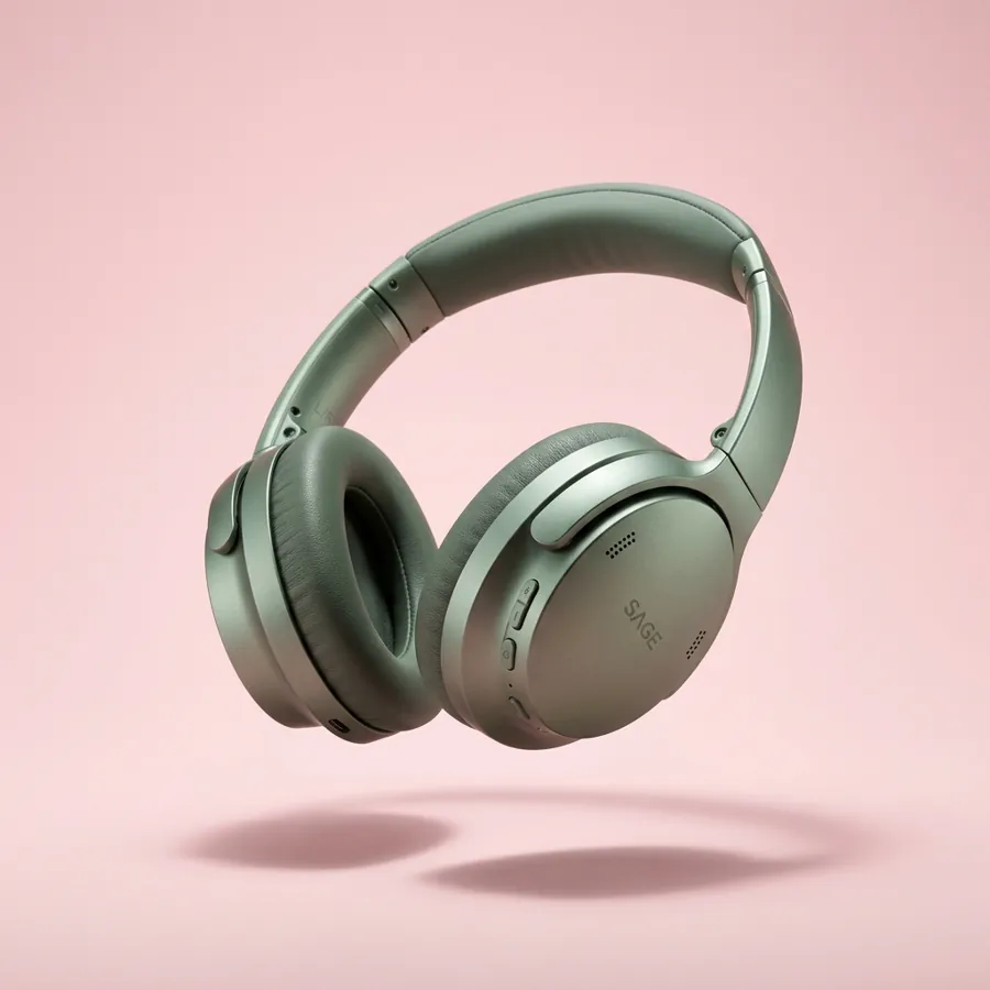 A wireless over-ear headphone in matte sage green floating above a pastel pink background with soft shadow, bold clean product ad look, no text.
