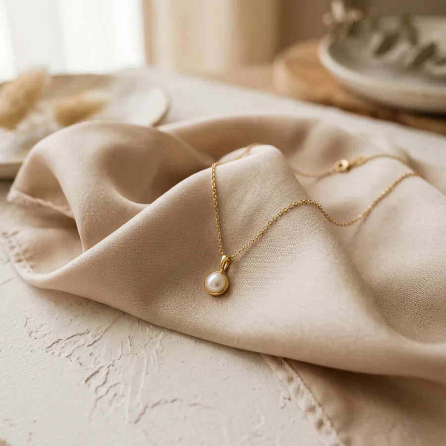 A minimalist gold necklace with a small pearl pendant on a folded silk scarf, soft beige tones, jewelry product shot for Instagram.
