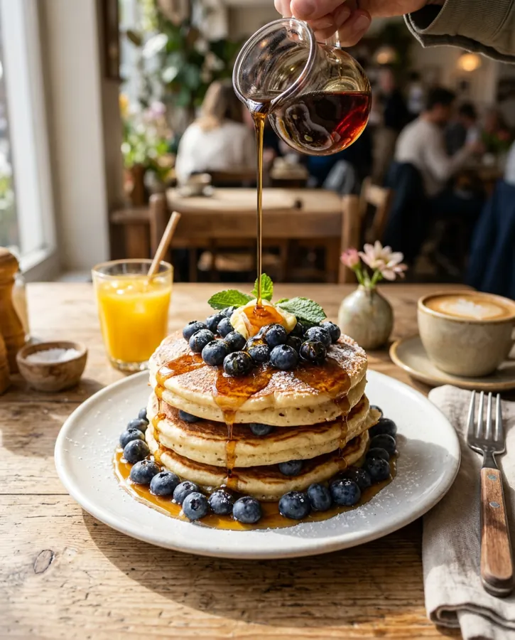 A stack of three fluffy pancakes with blueberries and maple syrup pouring, on a white plate in a sunny cafe, for a brunch menu post.