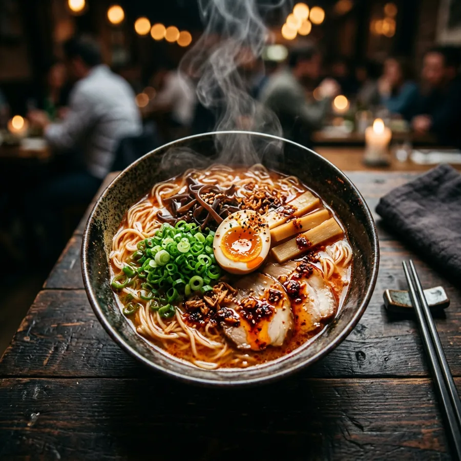 A bowl of ramen with a soft-boiled egg, scallions and chili oil, steam rising, dark moody restaurant table, overhead shot for a restaurant launch post.
