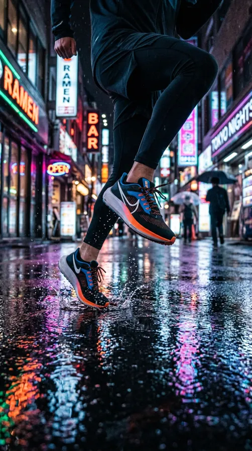 A pair of running shoes mid-stride on a wet city street at night with neon reflections, vertical format for Reels cover, dynamic and energetic.