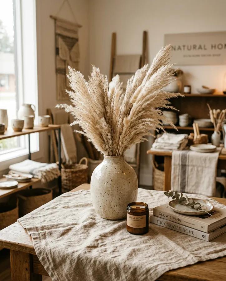 A handmade ceramic vase with dried pampas grass on a linen-covered table, neutral earthy tones, soft afternoon shadows, for a home decor shop.