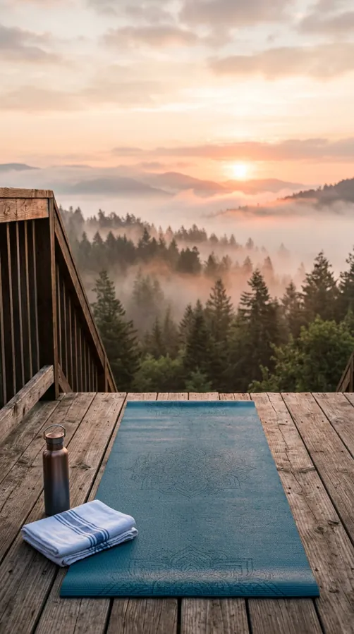 A yoga mat rolled out on a wooden deck overlooking a misty forest at sunrise, a water bottle and a towel beside it, vertical story format with space at the top for text.
