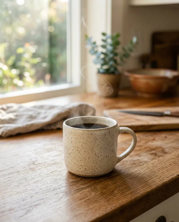 Speckled ceramic mug on a wood counter by a sunny window