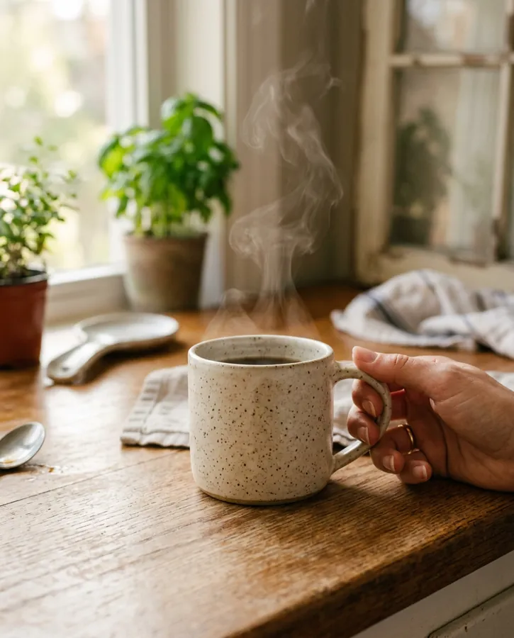 Speckled mug with a hand reaching for it in morning light