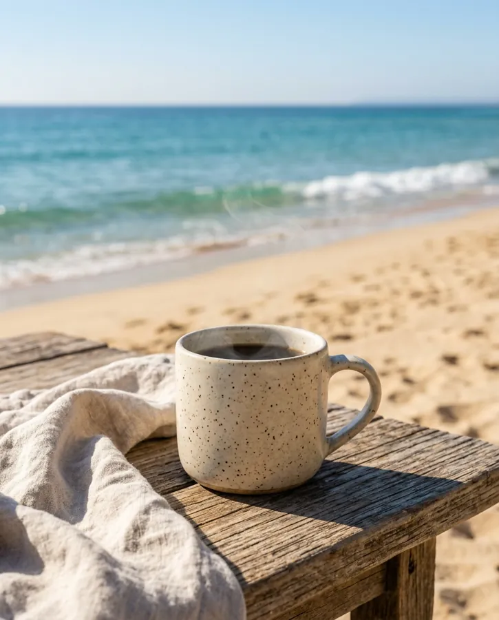 After: the same mug on a beach, the mug itself unchanged