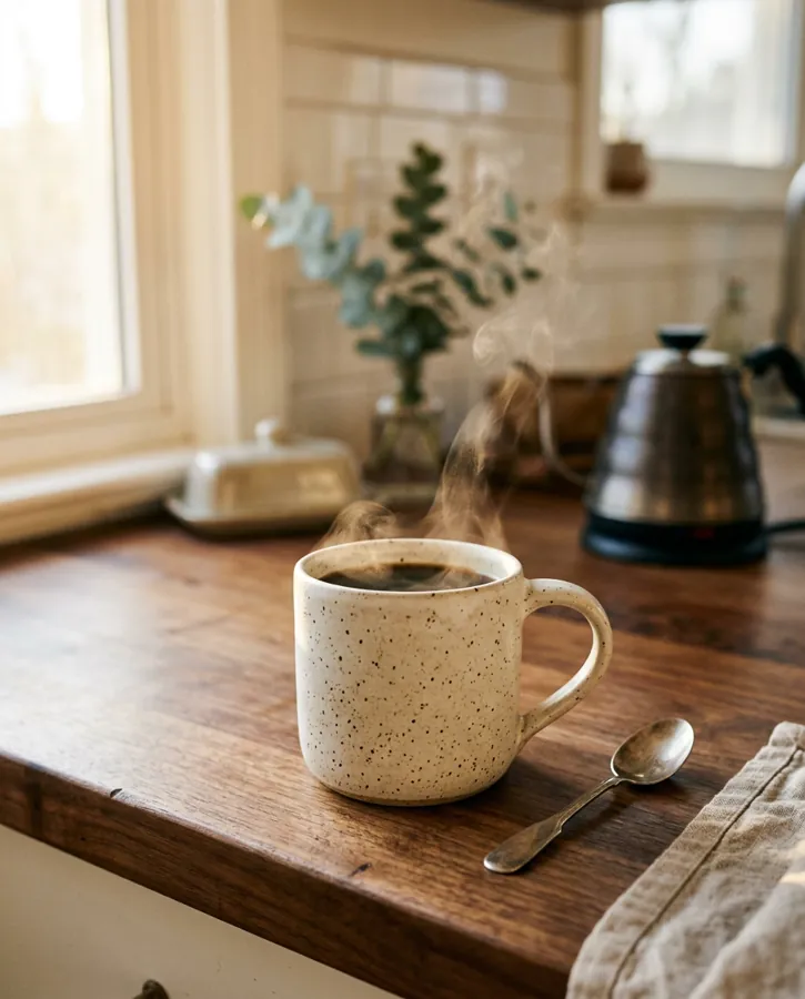 Speckled mug on a kitchen counter with a kettle behind