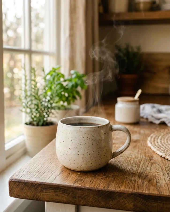 Speckled mug by a window with herbs on the sill