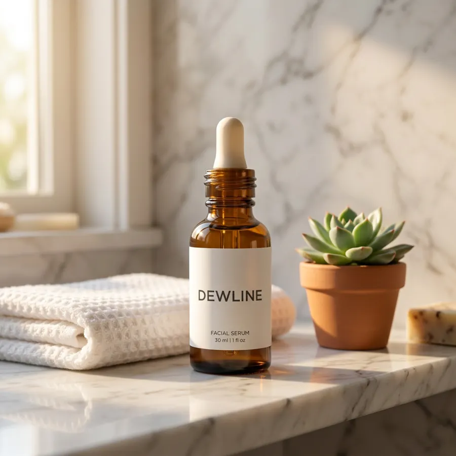 The same serum bottle on a marble bathroom shelf in morning light