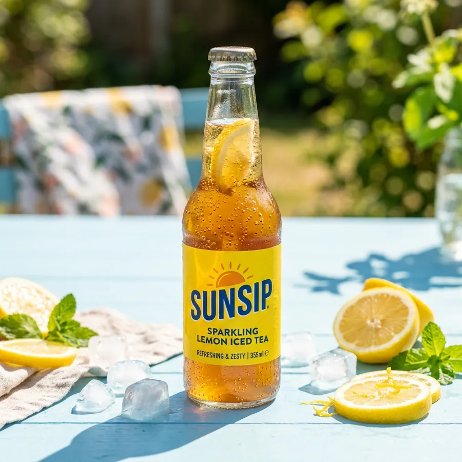 Sunsip iced tea bottle on a blue table with lemons, square