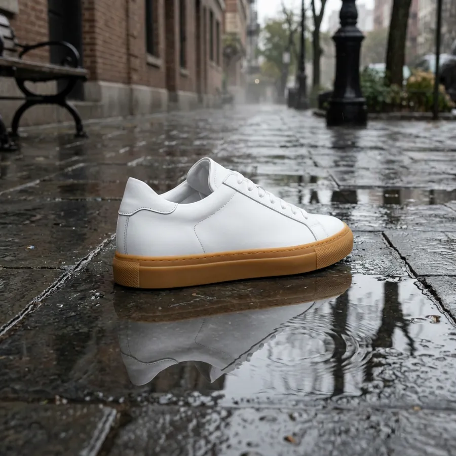 The same sneaker on wet cobblestones with puddle reflections