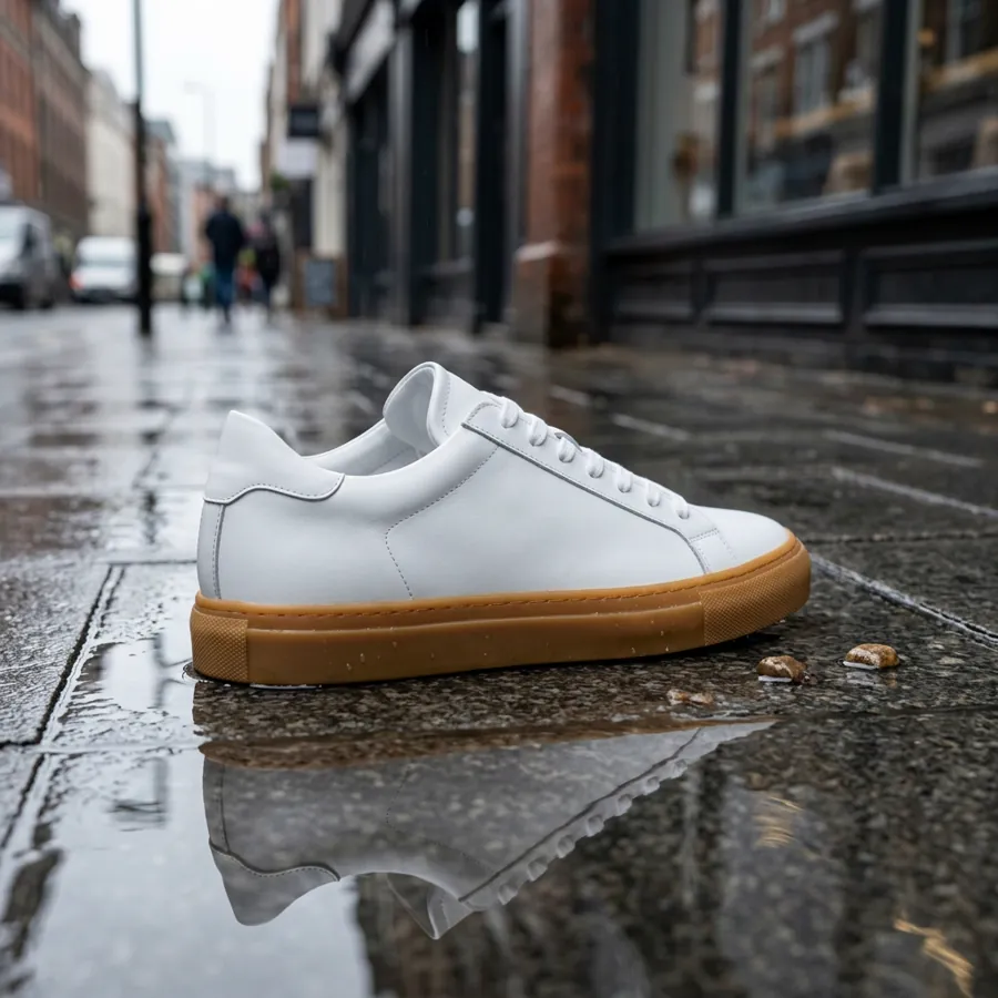 The same sneaker on a rainy street with shopfronts behind