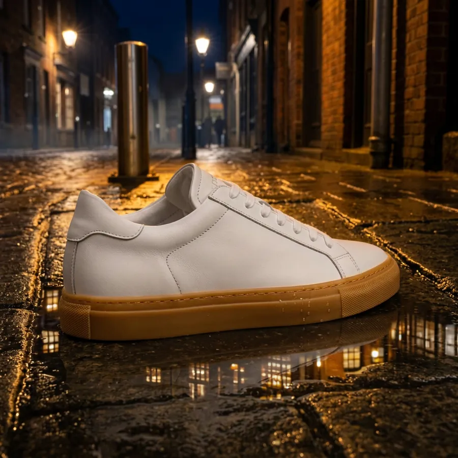 The same sneaker and framing on the same sidewalk at night
