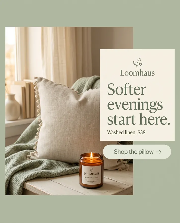 The version Predis.ai made: the same layout rebuilt for the linen pillow