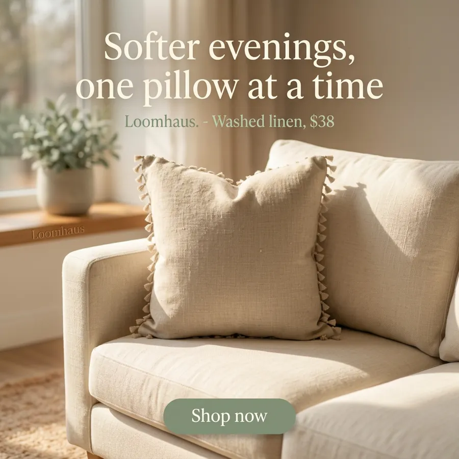 Square static ad for the linen pillow: Softer evenings, one pillow at a time