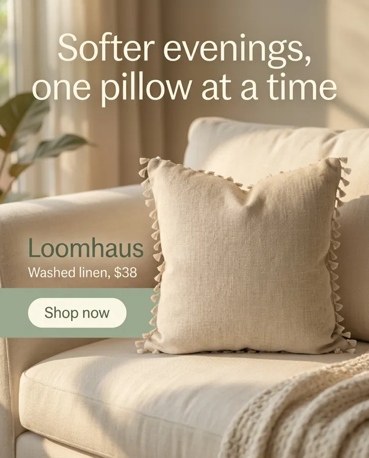 4:5 static ad for the linen pillow with a Shop now button