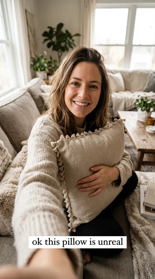 UGC-style ad: a woman on her sofa hugging the linen pillow, captioned ok this pillow is unreal