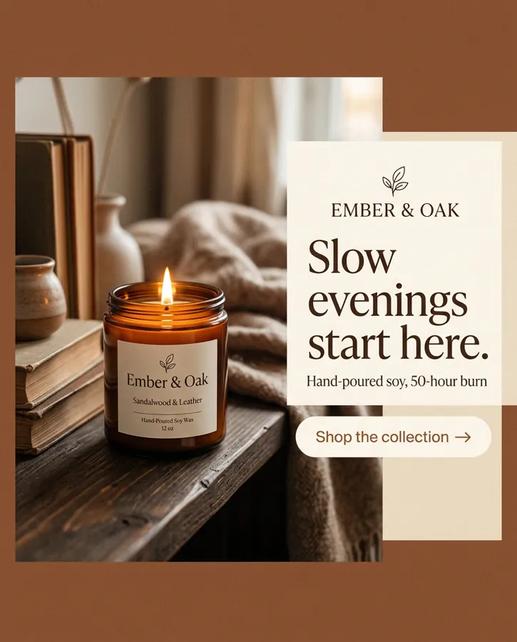 Reference ad: an invented candle brand, Ember and Oak, with the headline Slow evenings start here