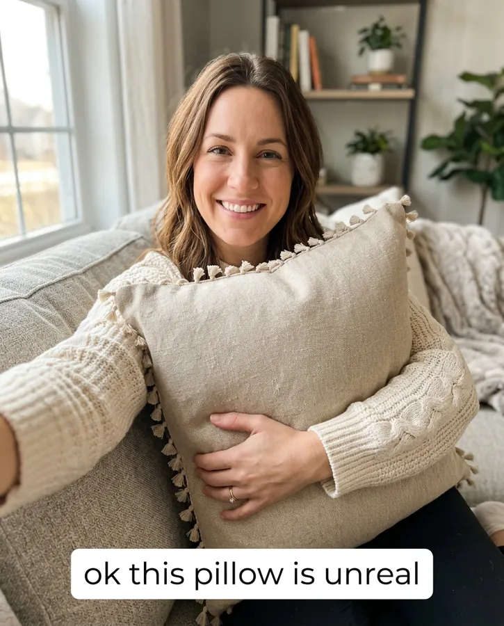 A woman in a cream knit sweater, the model reference