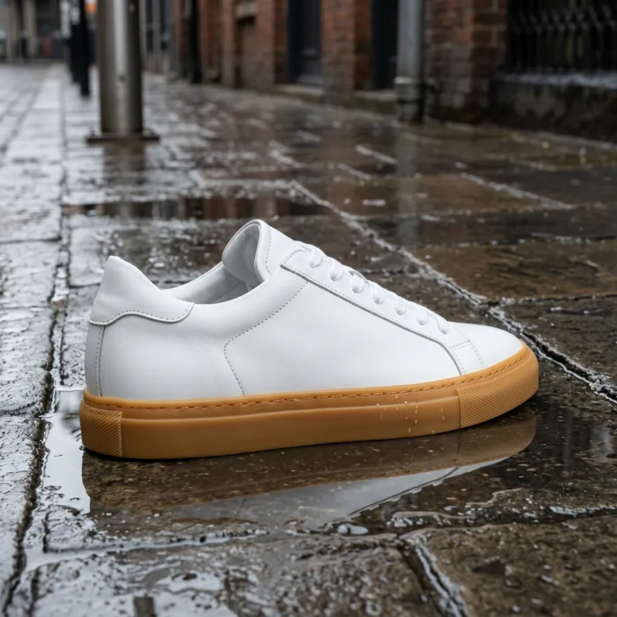 First frame: a white sneaker on a wet sidewalk by day
