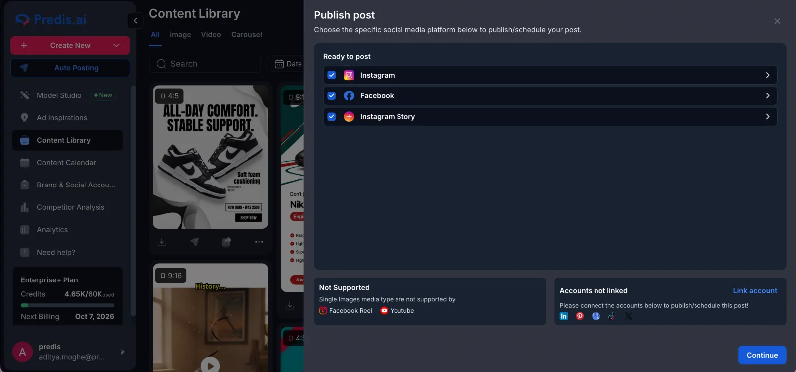 Publish post dialog choosing Instagram, Facebook and Instagram Story