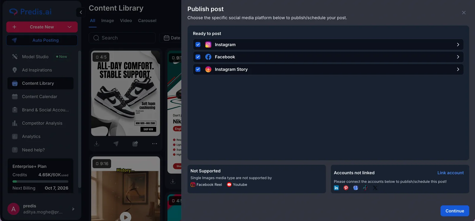 Publishing a creative to Instagram and Facebook from the Predis content library