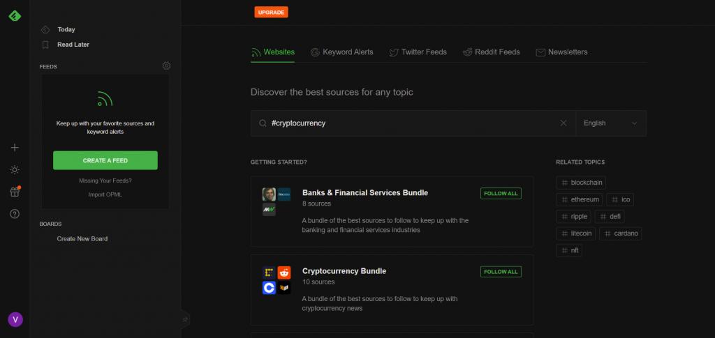 Selecting source bundles to follow on Feedly, to track trends on social media like Instagram