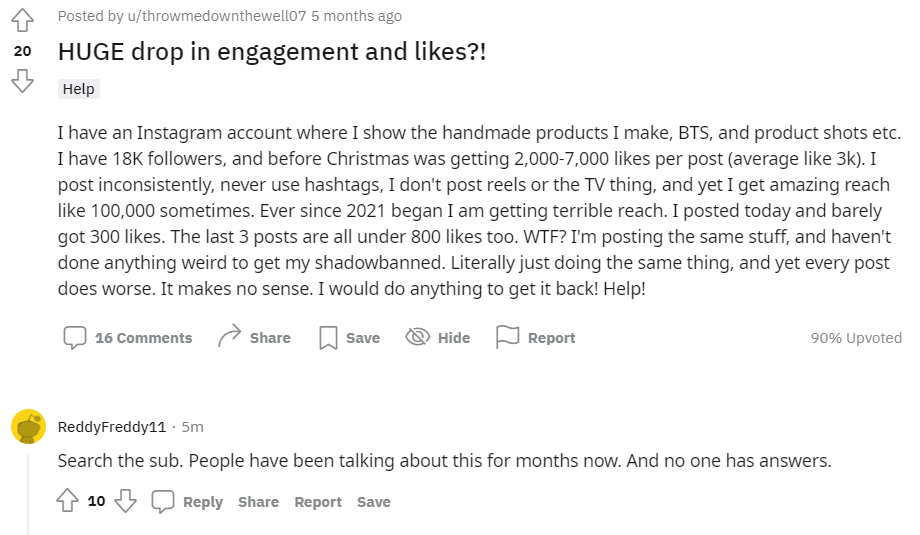 A Reddit thread discussing the magnitude of the change in organic reach on Instagram