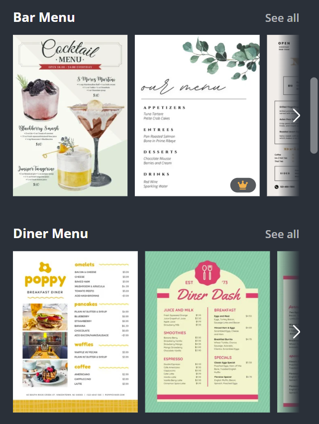 canva templates for bar menu