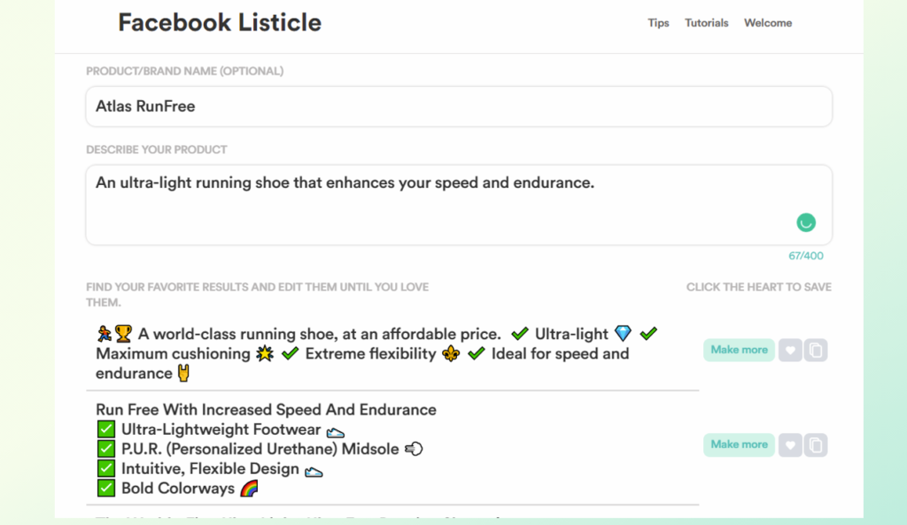 facebook listicle output from copy ai