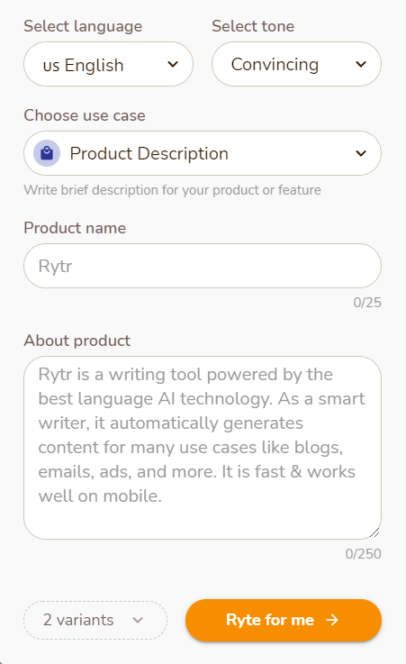 Rytr user interface 