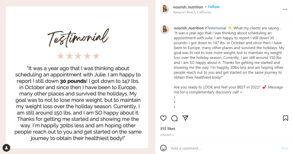 Social Media Content Pillar Example of Customer Testimonials and Product Benefits