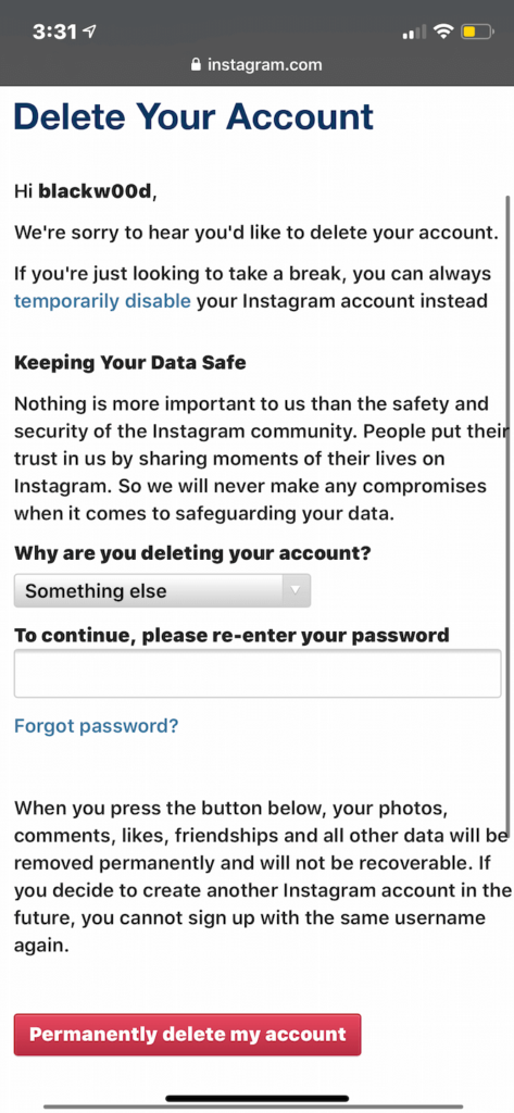 How can you delete your Instagram account on your Mobile Browser?