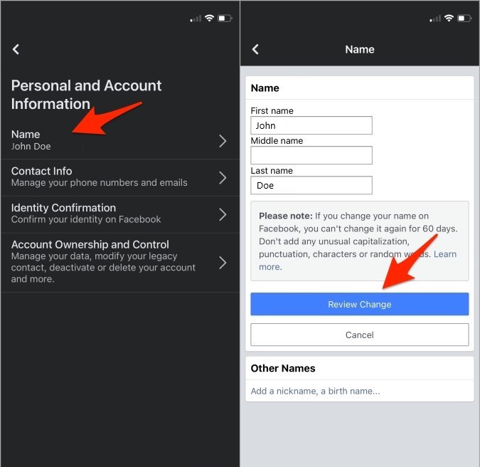 How to change the Facebook Name from mobile