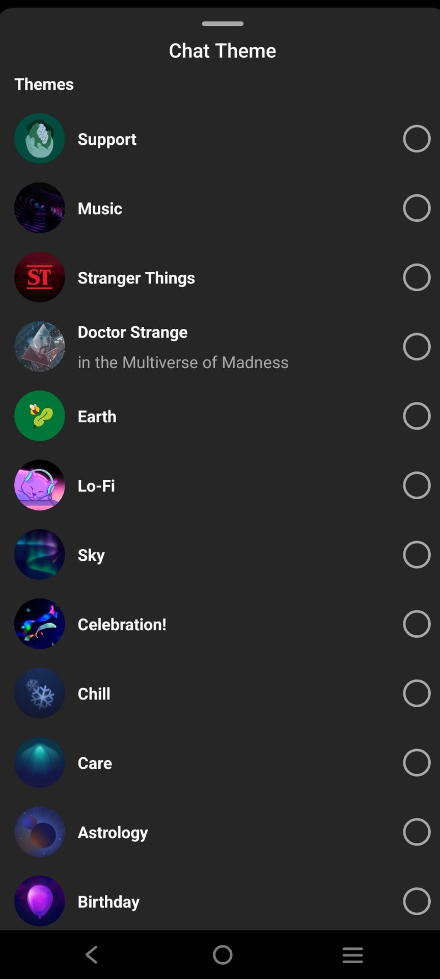 Chat Themes to choose from
