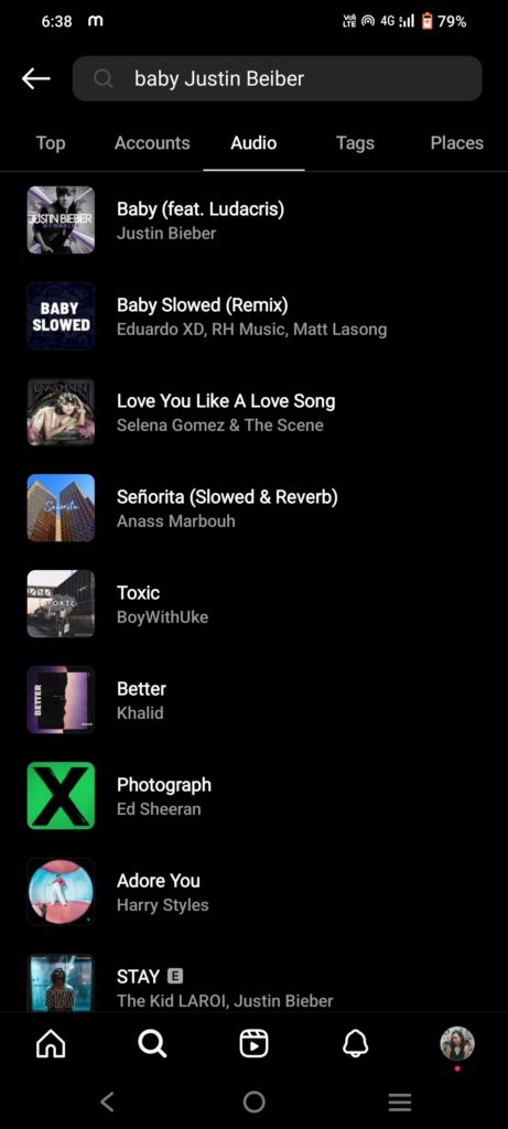 Searching audio for Instagram story