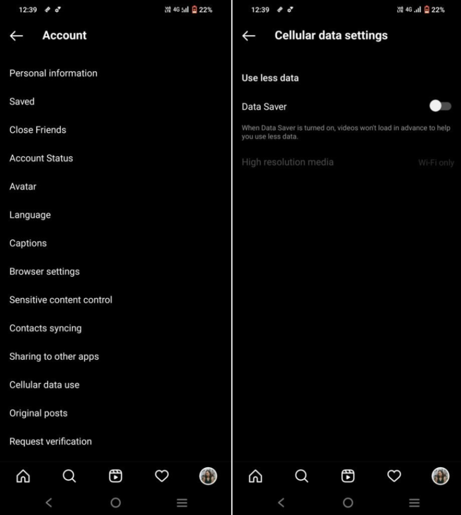Turning data saver off in Instagram