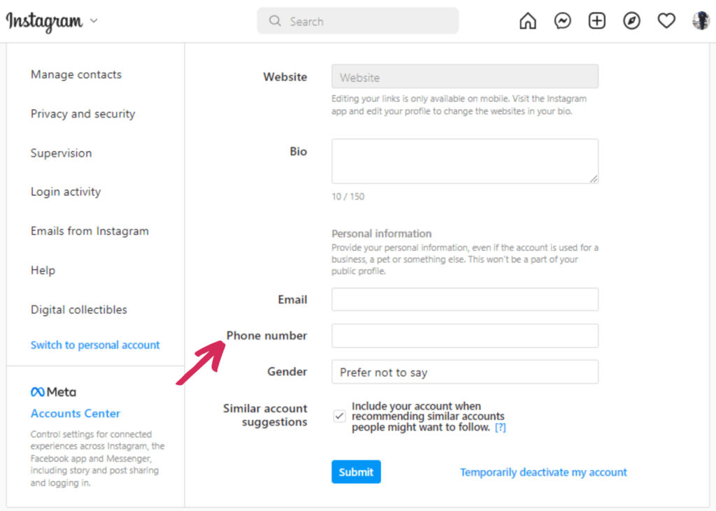 How to remove phone number from Instagram (from computer)?