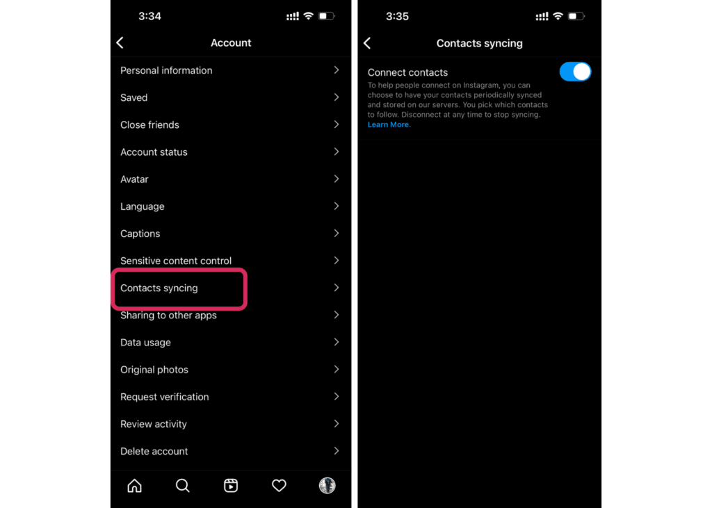 Contact syncing in Instagram